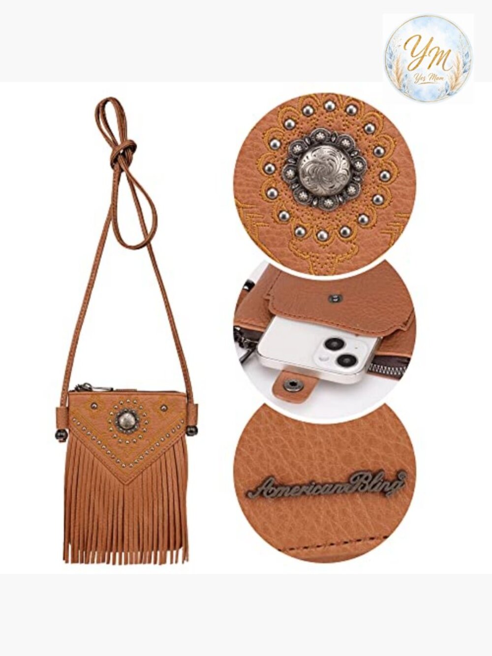 Western Crossbody Mini Phone Purse with Fringe and Studs - Picture 5 of 7